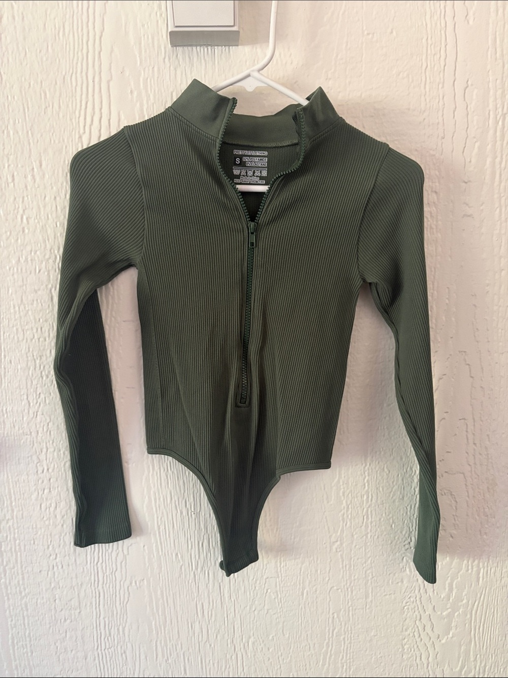 PrettyLittleThing Olive Green Ribbed Zip-Front Bodysuit